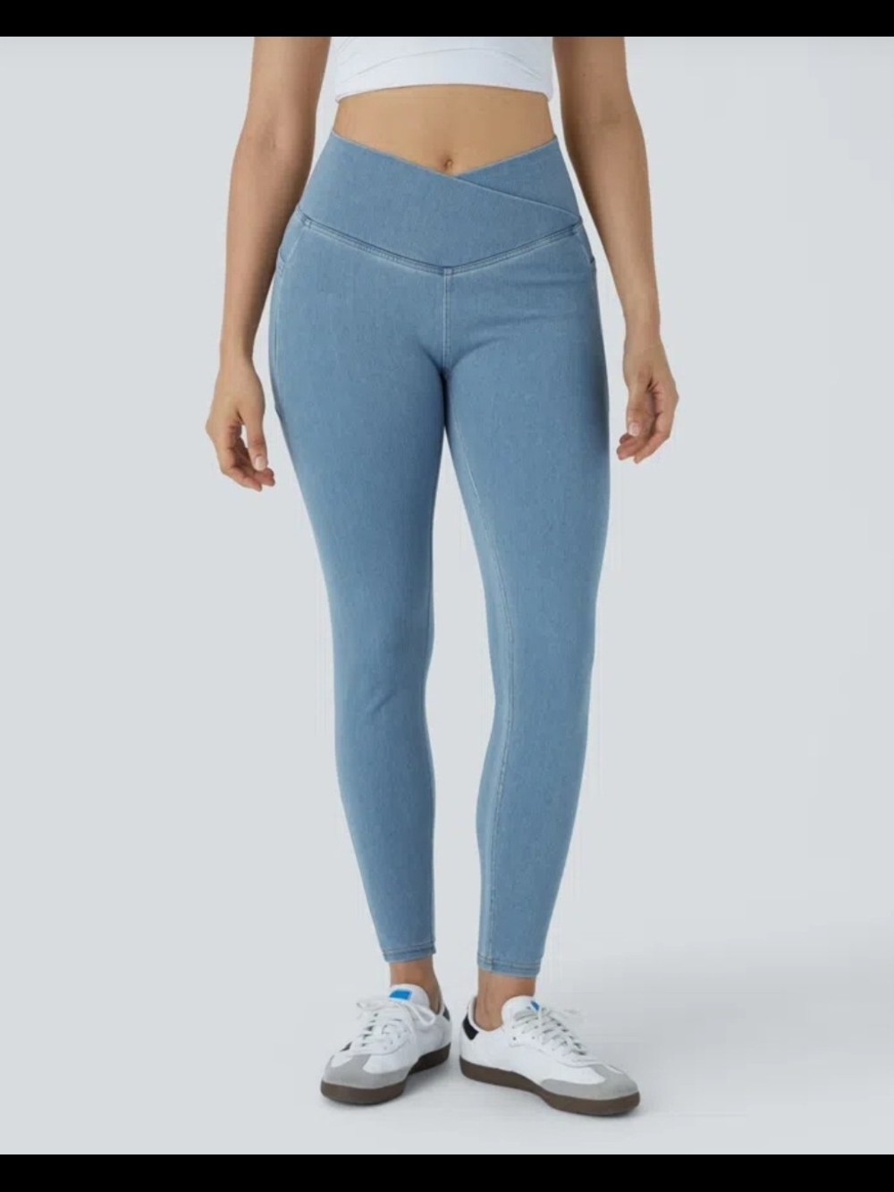 Halara Flex™ Crossover Pocket Washed Denim Work Leggings Large Full Lenght #060